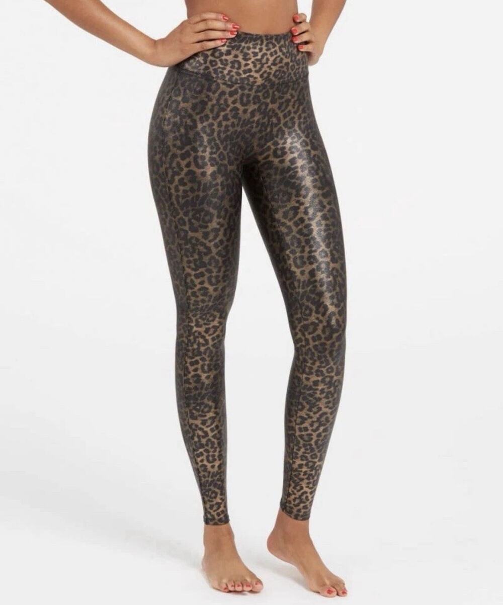 SPANX Faux Leather Leopard Shine Leggings Women’s M High Rise 20270R